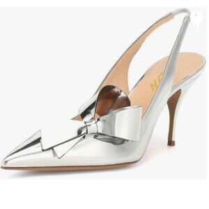 YDN Silver Stiletto Heel Pumps Bow Pointed Toe Slingback Slip on Dress Sandals